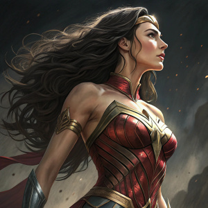 Gal Gadot as Wonder Woman. Standing tall with long black hair flowing. Wearing red and gold suit. Dark background highlights her powerful pose.