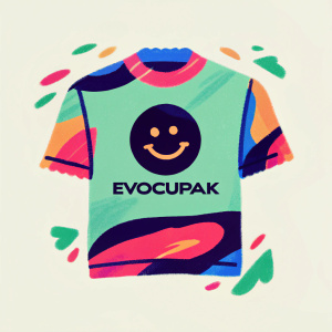 Modern logo design for 'Evocupak'. Black smiley face on green shirt. Brand name in sans-serif font below. Solid green background.