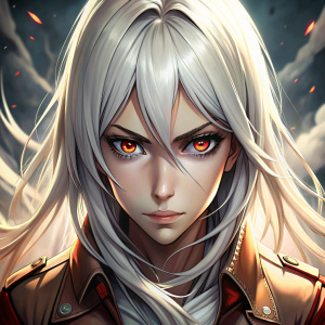 Personaje mujer al estilo del anime Shingeki no kyojin, pelo blanco hasta la cintura, ojos rojos con mirada dominante, con ropa de la legión de exploración, que este luchando contra un titan