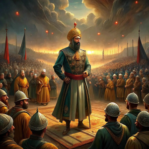 Ottoman Sultan Murad IV speaks to soldiers on the battlefield