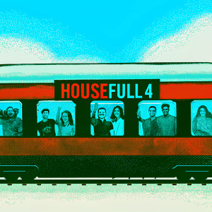 Promotional train car for Bollywood film 'Housefull 4'. Diverse cast posing outside a bustling railway station. Vibrant red and gold interiors.