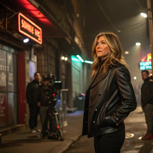 Jennifer Aniston on the set of a thriller movie. Wearing black leather jacket. Dark alley with neon signs, film crew in the background.