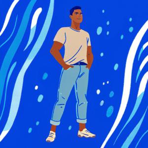 Illustration of Cristiano Ronaldo. Wearing casual outfit. Digital painting style. Abstract background.