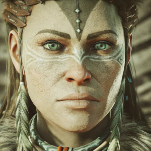Close-up of Aloy from Horizon Zero Dawn, highlighting her intricate facial tattoos and unique accessories. Video game character detail