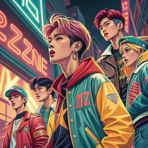 K-pop sensation Ateez on a dynamic magazine cover. Bold colors and youthful exuberance. Various group members showcasing distinct styles and vibrant personalities.