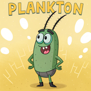 Cartoony Plankton from SpongeBob SquarePants, large green body, wide eyes, black tentacles. Set against a vibrant yellow backdrop, with the character's name in bold letters