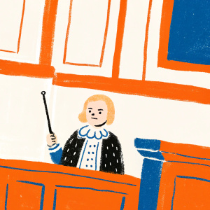 Franziska von Karma, the prosecutor from Ace Attorney, standing in a vibrant courtroom scene. She has blonde hair, wears a formal outfit with ruffled collar, and holds a whip. Brightly lit room with judge's bench and witness stand