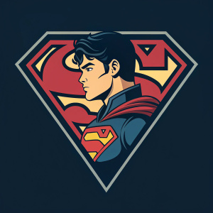 Stylized logo for DC Comics' character Superboy. Bold and vibrant colors, geometric shapes, shield design, dark background, modern font