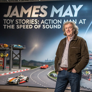 Dynamic promotional image for James May's Toy Stories: Action Man at the Speed of Sound. James May, the British host, stands in front of a high-speed track. Background showcases various scenes from the documentary, including toy cars and futuristic elements.