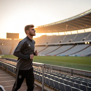 Timo Werner, wearing a training kit, jogging in an empty stadium. Morning light, sun rising