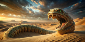 A giant worm in the desert, burrows into the sand, teeth, yellow-green dragon eyes. 3D letters “SP STUDIO” are buried in the sand. The worm is around the letters SP.