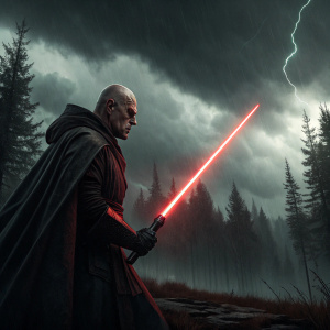 A Sith Lord from Star Wars, bald and stern, holding a red lightsaber. Standing in front of a dark, stormy forest.