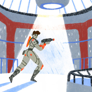 Digital concept art of Tracer from Overwatch. Tracer, female, wearing futuristic combat attire. Poses with pulse rifle, mid-run, in dimly lit arena with neon accents