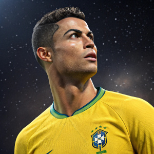 Cristiano Ronaldo, in a futuristic 3D render, clad in a vibrant yellow jersey with green accents. Fierce, determined look. Space-like background with stars