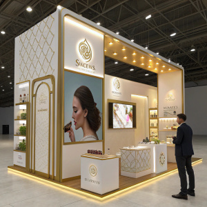 Luxury chocolate brand Sirong's booth at a trade show. Golden and white color scheme. Large video screen showcasing a woman savoring chocolate. A suited man stands nearby. Booth features a mix of soft and spotlight lighting, creating a refined ambiance.