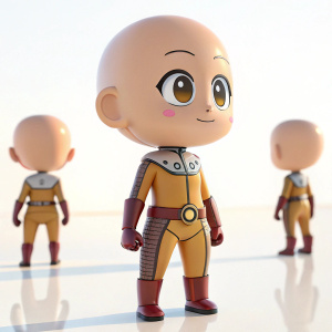 3D render of a chibi anime character. The character has a small, round head with a simple, friendly facial expression. Wearing a form-fitting bodysuit with intricate details. Displayed in various poses and angles against a bright white backdrop.