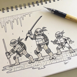 Line-art drawing of the Teenage Mutant Ninja Turtles. Ink sketch with dynamic poses, liquid dripping effect, detailed lines, balanced composition, flat style