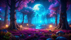 forest clearing, night, dark sky, moonlight, tall trees, fireflies between the bushes, fog. fantasy style