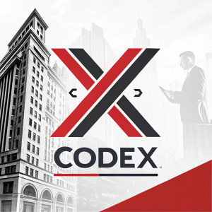 CODEX brand identity featuring sleek logo design with X-shaped icon. Bold, black and red color scheme. Clean lines and modern aesthetic.