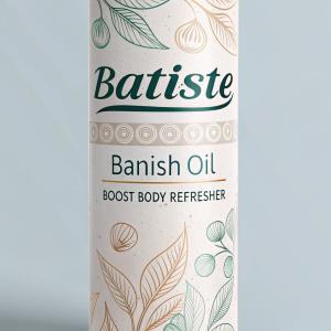 Sophisticated packaging design for Batiste dry shampoo featuring Banish Oil and Boost Body Refreshers. Clean and minimalist look.