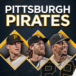 Digital illustration featuring Pittsburgh Pirates' roster. Angular design, dark background, clear sans-serif font.