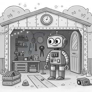 A whimsical, black and white illustration of Tron Bonne's workshop. The main robot is center stage, surrounded by tools and gadgets, set in a cartoon-like environment.