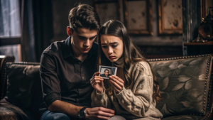 молодая пара сидит на диване, девушка в слезах показывает парню фотографию. Кинематографичный кадр, макро сьемка драматическая атмосфера, мрачный свет.
