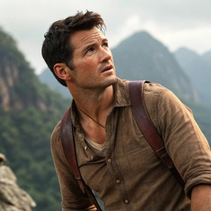 Nathan Drake, intense look. Dark hair. Worn brown shirt. Posing outdoors at an adventurous location with mountains in the background.