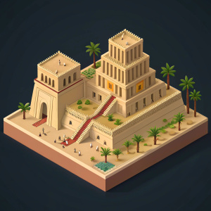 Concept art for the game 'Empires: Ancient Kings'. Babylon-themed layout, blocky, low-poly art style. Dark background.