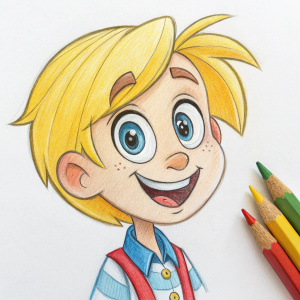 Cartoon character, blonde hair, big smile, colored pencils sketch. White background.