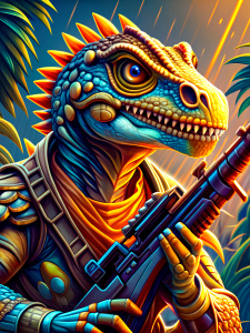 a evil looking badass dinosaur posing in the jungle and holding a machine gun, rain, cinematic shot, dynamic lighting, 75mm, Technicolor, Panavision, cinemascope, sharp focus, fine details, 8k, HDR, realism, realistic, key visual, film still, cinematic color grading, depth of field, (anthro:0.1)