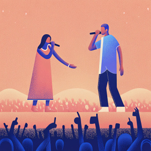 Megan Fox and MGK at an outdoor concert. Crowded venue with fans holding up phones to capture the moment
