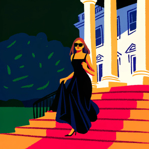 Melania Trump, wearing a black dress and sunglasses, poses elegantly on the steps outside the White House.