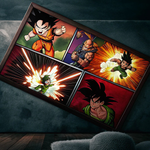 A vibrant comic panel featuring Goku, Vegeta, and other Dragon Ball Z characters in intense battle scenes. A variety of colors and dynamic poses on a grid layout.