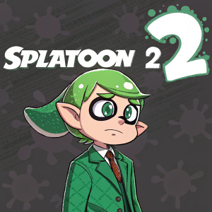 Inkling, the Splatoon 2 character, rendered in pixel art style. Wearing green ink suit, with sad face. Large expressive eyes and downturned mouth. Dark background with Splatoon 2 text