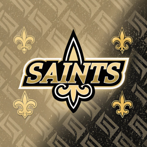 Logo design for New Orleans Saints. Gold and black color scheme. Fleur-de-lis and 'Saints' text. Repetitive abstract splatter pattern. Dynamic and energetic aesthetic.