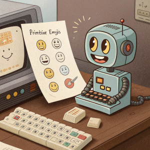 A detailed illustration showcasing the early days of internet emojis. Featuring a cartoon robot typing on an old computer keyboard, with a piece of paper displaying various primitive emojis.