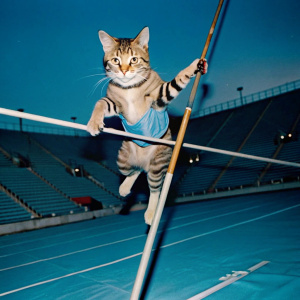 A stylish cat, captured in the hard flash photography fashion style, is engaged in pole vaulting at an Olympic stadium. The bright, intense flash highlights the cat's athletic form mid-air, casting sharp, dramatic shadows and creating a high-contrast, edgy look. The cat's fur and athletic attire gleam under the harsh light, giving a fashionable and glamorous touch to the action shot. The stadium, filled with spectators, is slightly blurred by the motion, but the cat remains sharply in focus, exu