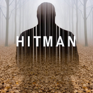 Digital art featuring abstract humanoid silhouette with barcode pattern and bold 'hitman' text in white on black backdrop.