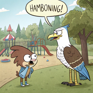 Cartoon panel featuring characters from Regular Show. Mordecai mid-hambone, with Rocco nearby, in a lively park setting. Speech bubble above Mordecai's head reads 'Hamboning!' in bold font.