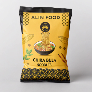 Alin Food's Chira Buja Noodles in a vibrant yellow and black package. Traditional food packaging design with noodle imagery and bilingual text.