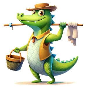 A country alligator carrying on his shoulders a bundle of clothes hanging from a stick, his hand making a farewell gesture. Cartoon style, white background