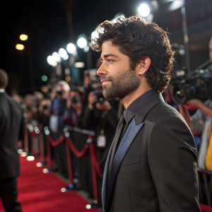 Adrian Grenier at a glamorous movie premiere. Dressed in a sharp suit, his curly hair and beard adding a touch of charisma.