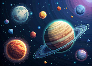 Pixel art wallpapers:creepy space, few planets. dark background