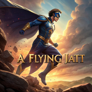 Movie poster for 'A Flying Jatt'. Superhero in dramatic pose, blue and gold costume. Rocky terrain, dramatic cloudy sky with warm hues. Title and taglines prominently displayed.