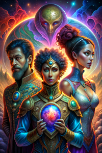 A group living in the universe, there are four people, cosmic creatures with human appearance. The first person is an archaeologist, the second person is a cryptographer, the third person is a technical expert, and the fourth person is a diplomatic ambassador. Please draw an appropriate image of their profession.