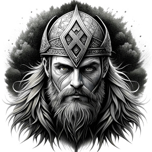 walhalla, viking warrior,  runics face, black work, white backrounds