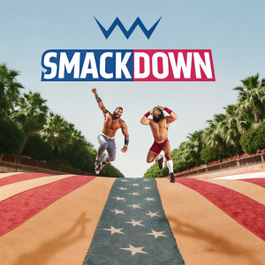 Promotional poster for WWE SmackDown featuring a vibrant digital illustration of wrestlers in action. The backdrop is a dynamic, colorful arena with SmackDown logo prominently displayed.