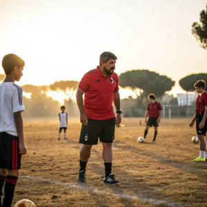 Gennaro Gattuso, former AC Milan midfielder, during an intense training session. Dressed in a red polo shirt and black shorts, standing in the middle of a sunny, dry pitch. Surrounded by young academy players and coaches.