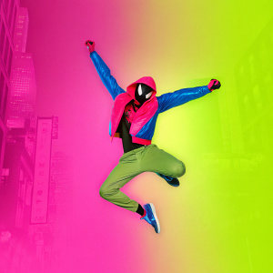 Miles Morales, in action pose, Spider-Man suit with vibrant blue and red hues. Dark urban alleyway, neon signs